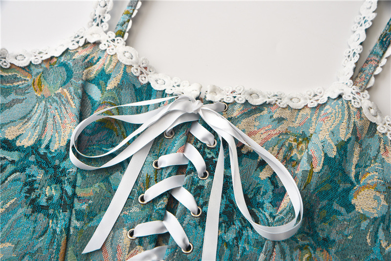 Womens Vintage Floral Print Renaissance Corset with Straps Victorian Bustier